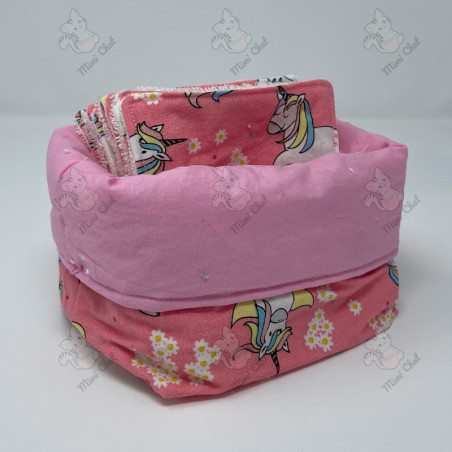 Corbeille et ses 10 lingettes lavables - Licorne Rose